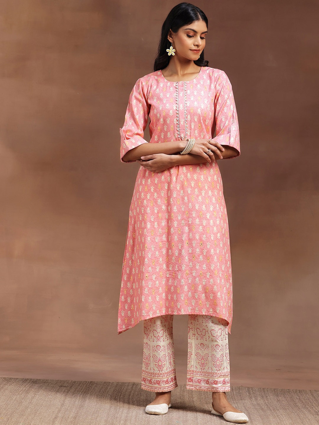 

Libas Women Ethnic Motifs Printed Regular Beads and Stones Kurta with Palazzos, Peach