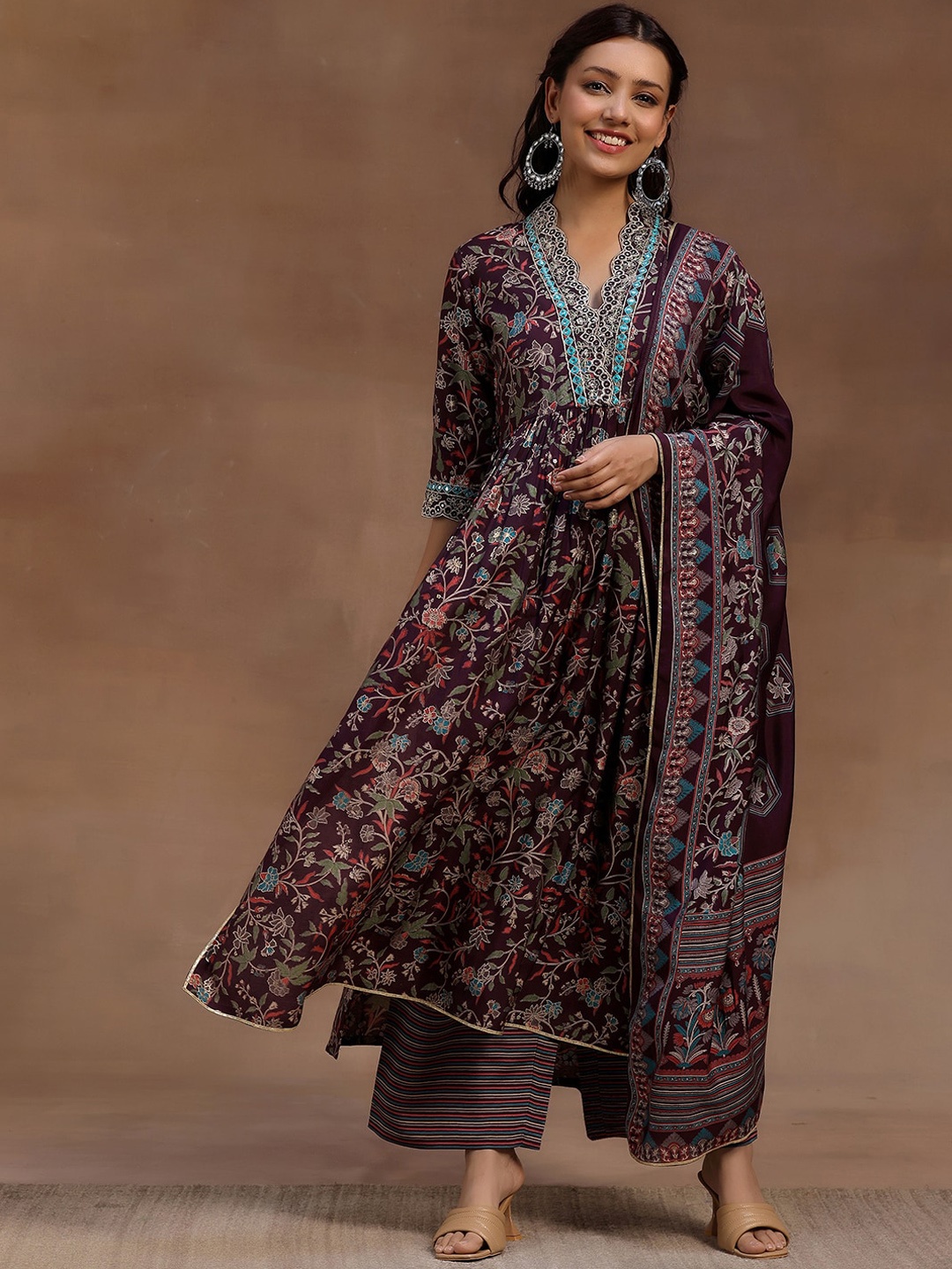 

Libas Women Floral Printed High Slit Mirror Work Kurta with Palazzos & With Dupatta, Burgundy