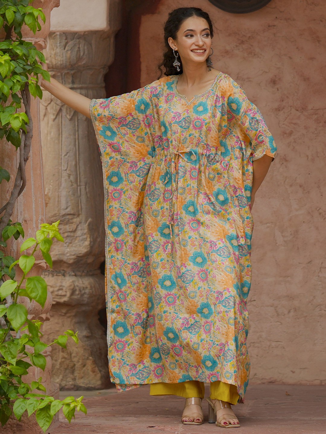 

Libas Yellow Floral Printed Kaftan With Palazzo