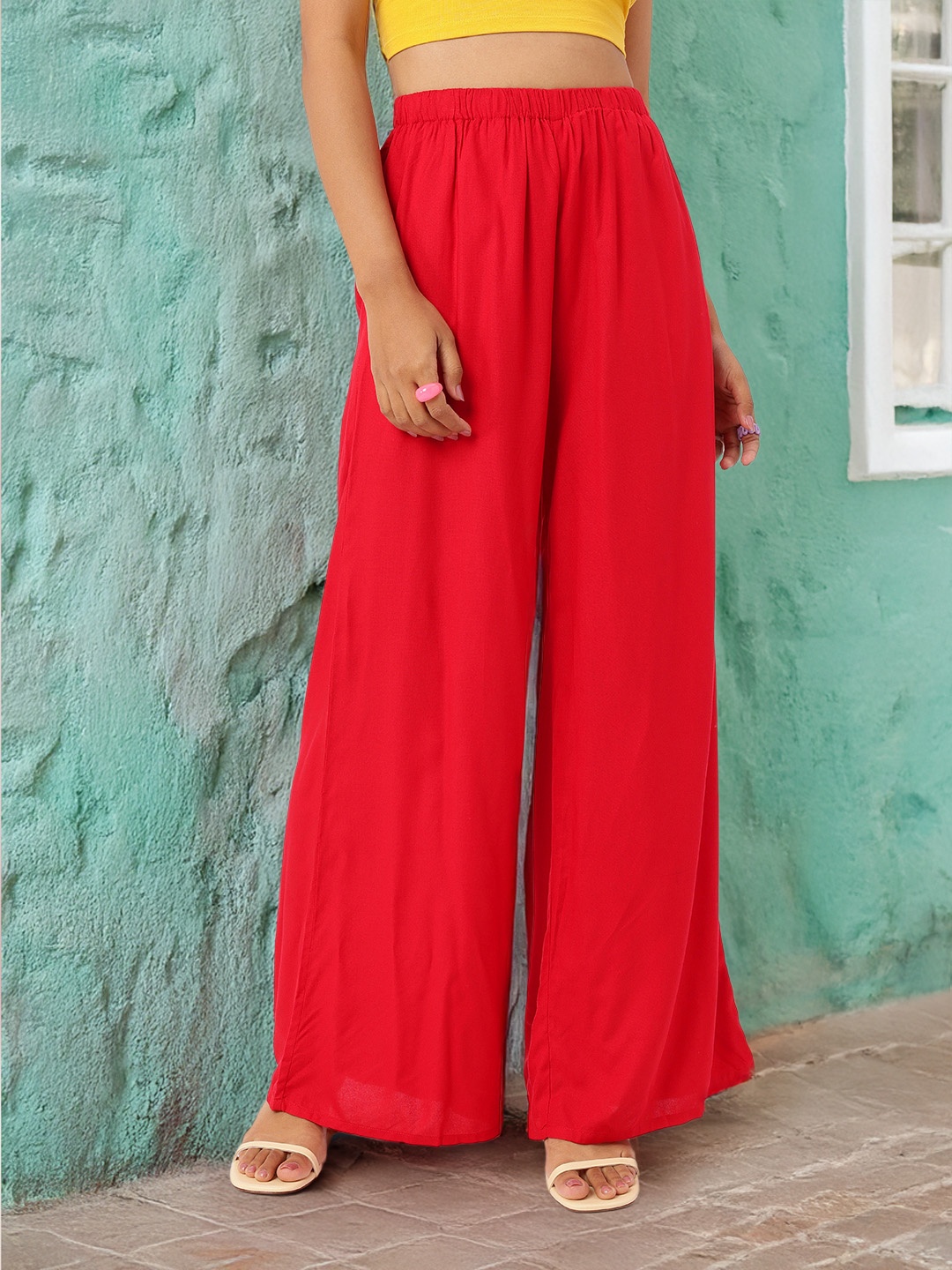 

DressBerry Women Cherry Red Breezy Essentials Wide Leg Trousers