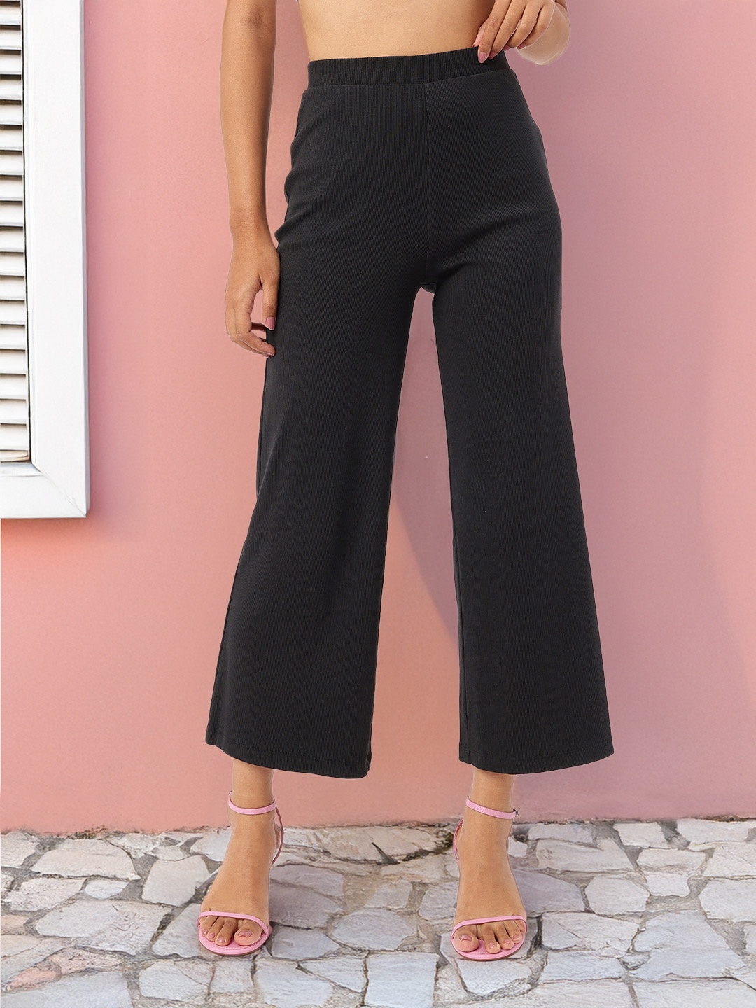 

DressBerry Women Monochrome Staple Wide Leg Trousers, Black