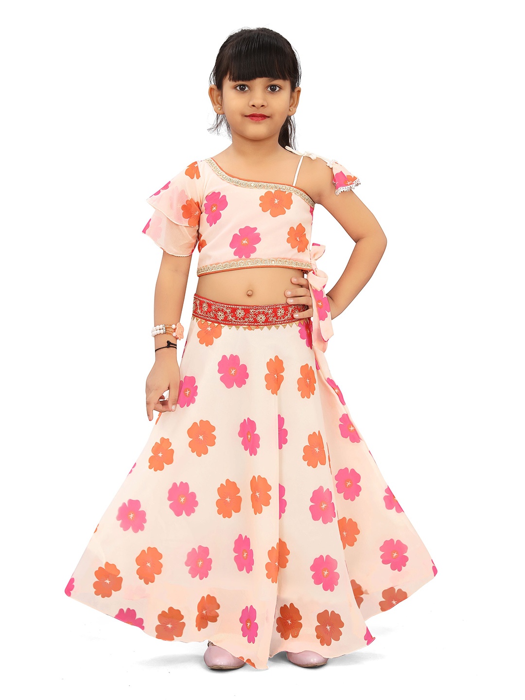 

BAESD Girls Floral Printed Flared Sleeves Ready To Wear Lehenga Choli, White