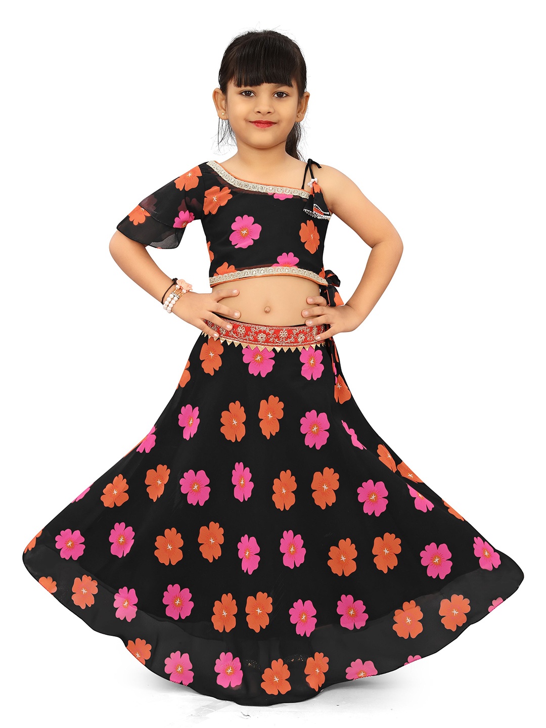 

BAESD Girls Floral Printed Flared Sleeves Ready To Wear Lehenga Choli, Black