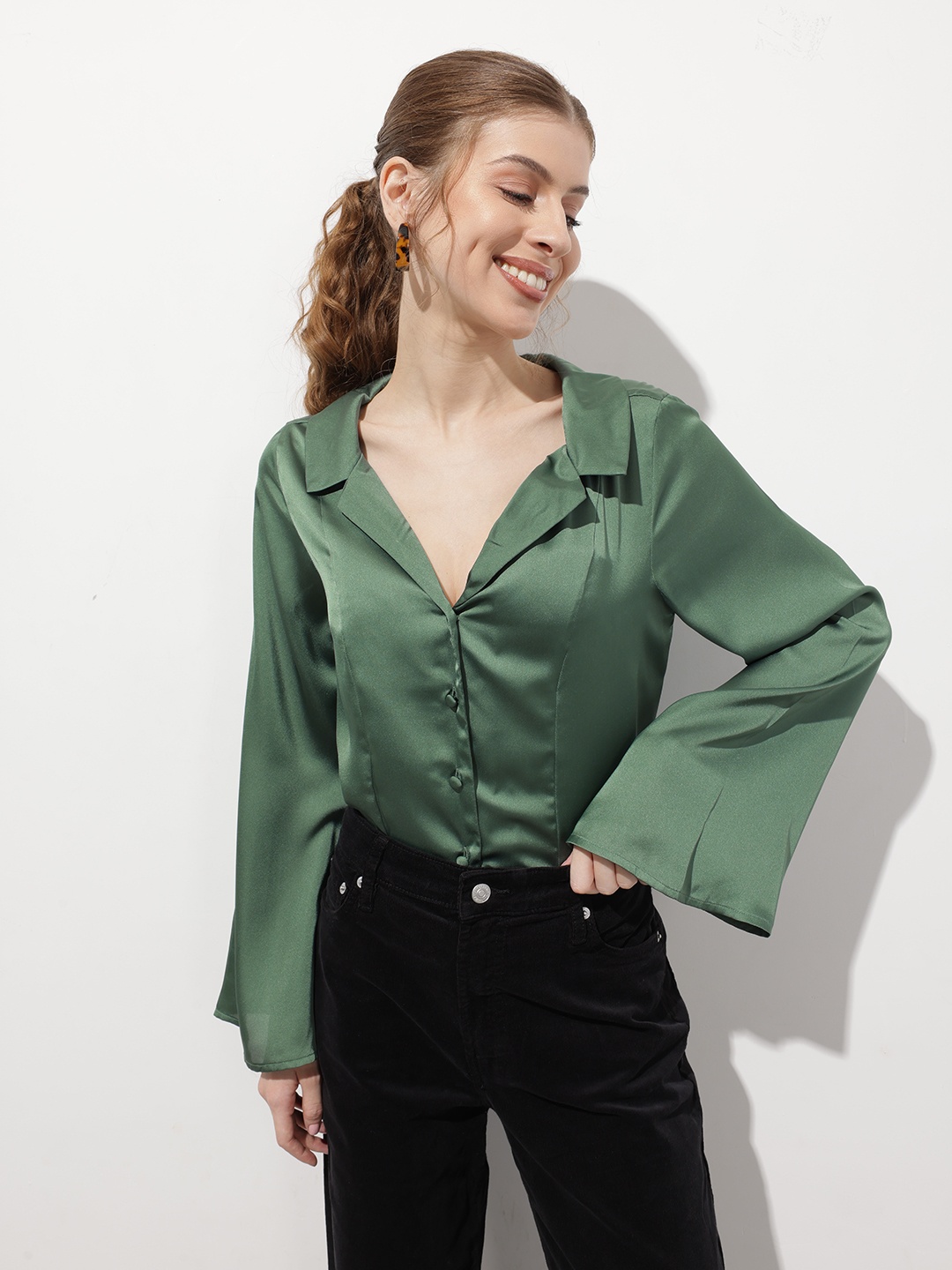 DressBerry Satin Attitude Lapel Collar Flared Sleeves Drama Shirt, Green
