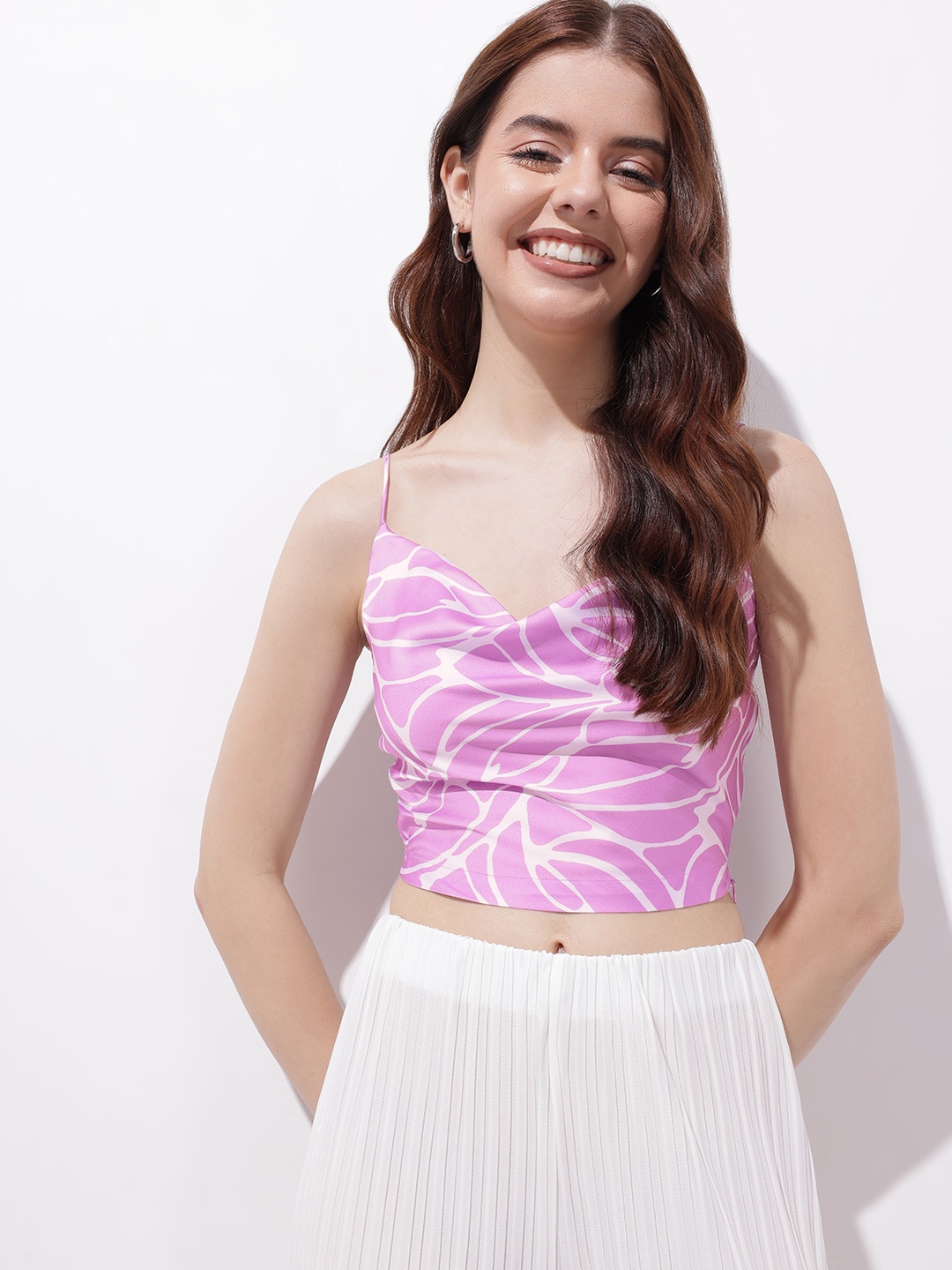 DressBerry Resort Retreat Floral Cowl Neck Crop Top, Purple