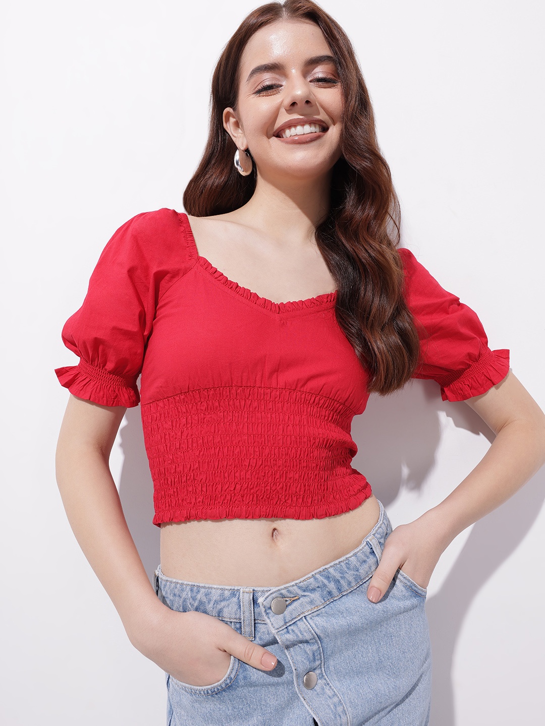 

DressBerry Cherry Red Date Night Diva Smocked Crop Top