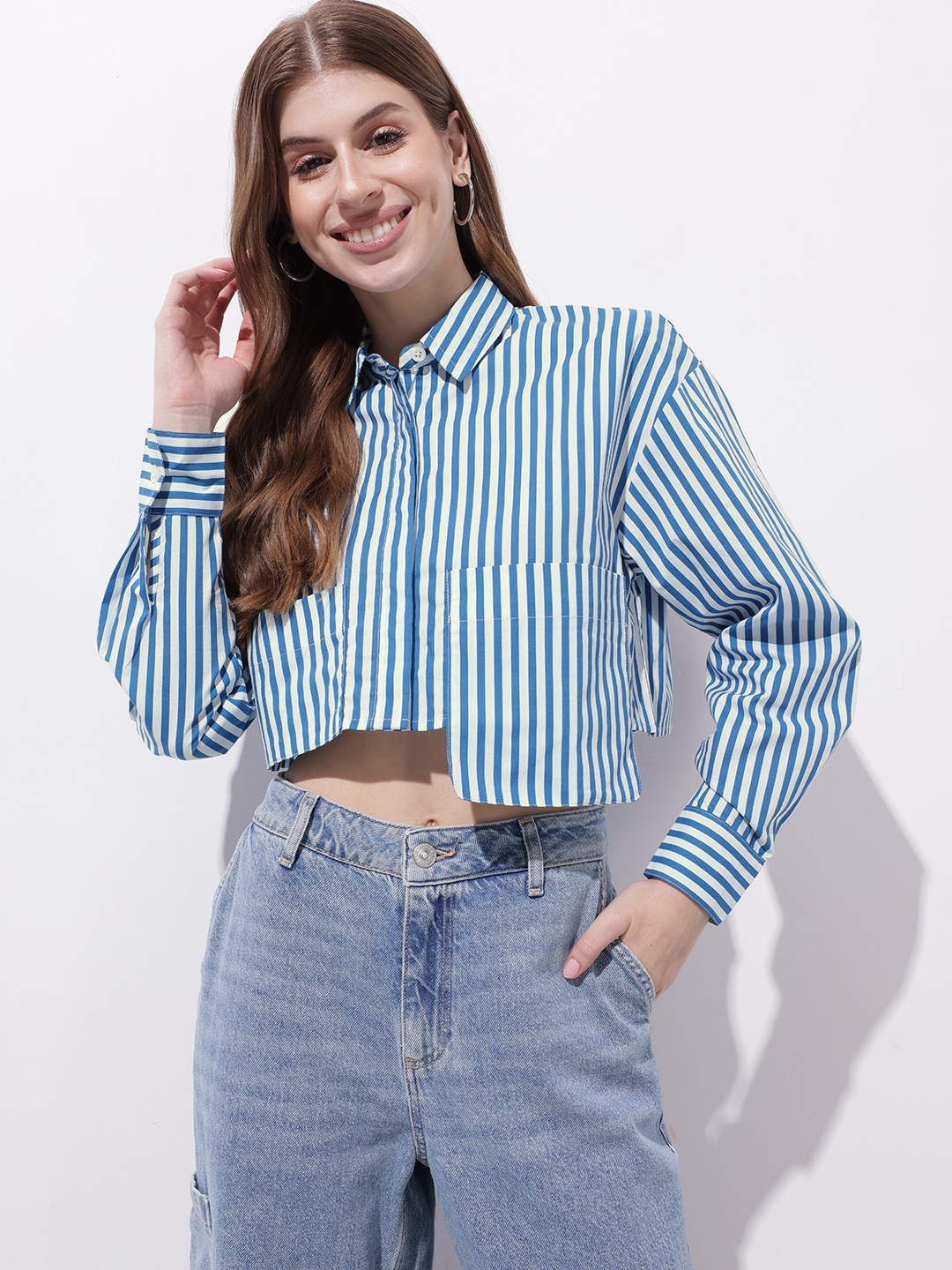 

DressBerry Mariners Stripes Pocket-Play Boxy Crop Shirt, Blue