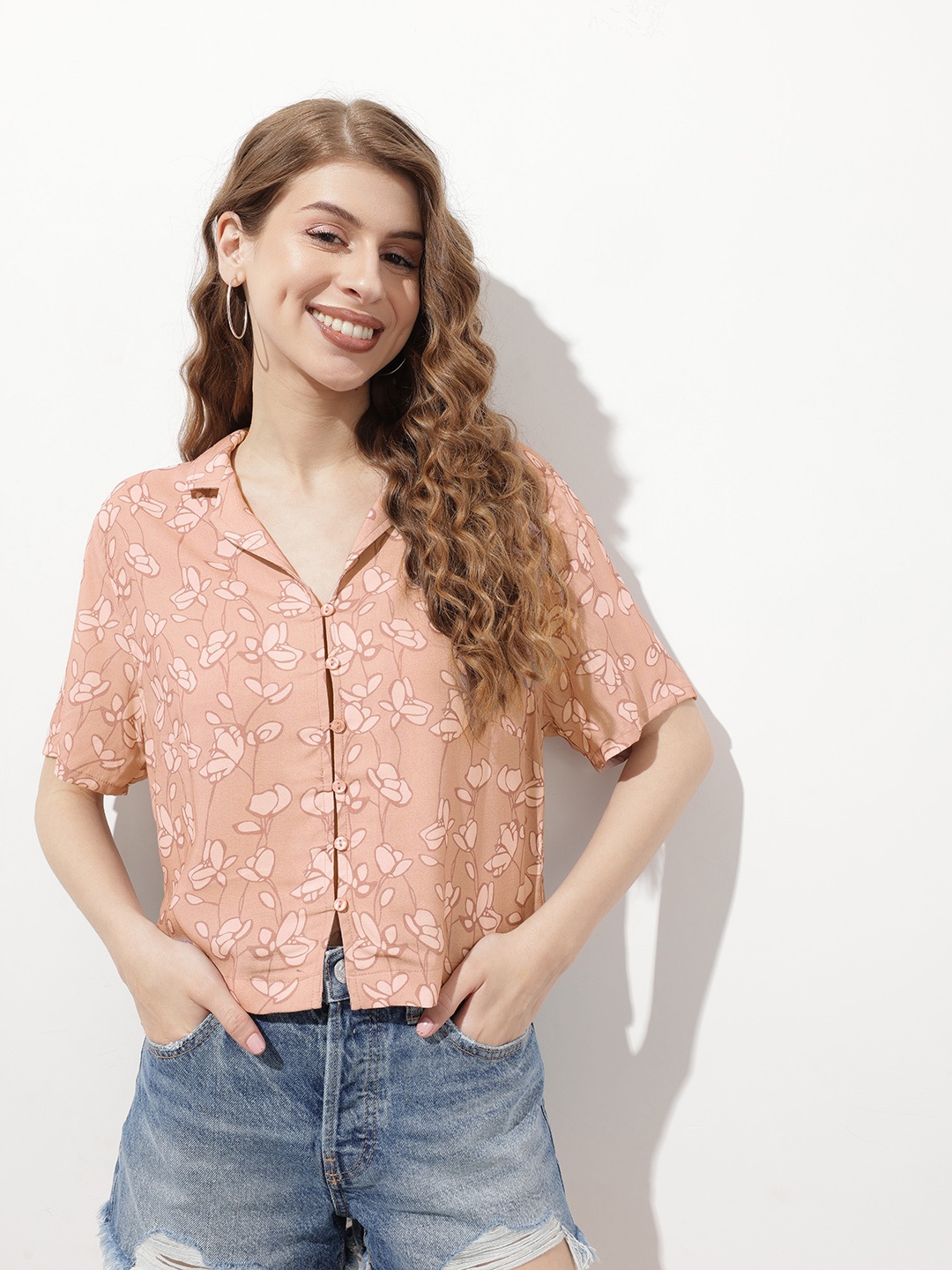 

DressBerry Brushed Blooms Boxy Crop Shirt, Beige