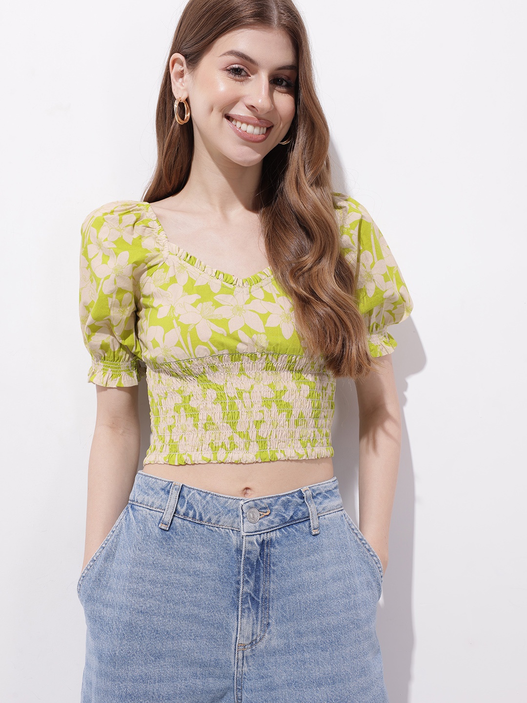 

DressBerry Essence Of Summer Floral Smock-It-Up Crop Top, Lime green