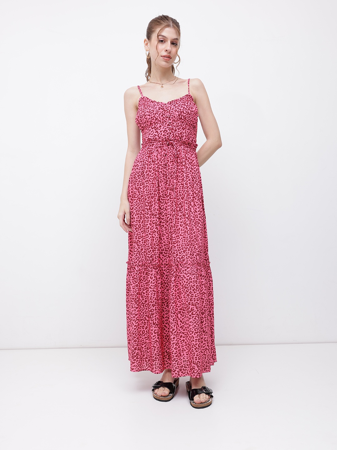 

DressBerry Old World Glamour Animal Print Smocked Maxi Dress, Pink