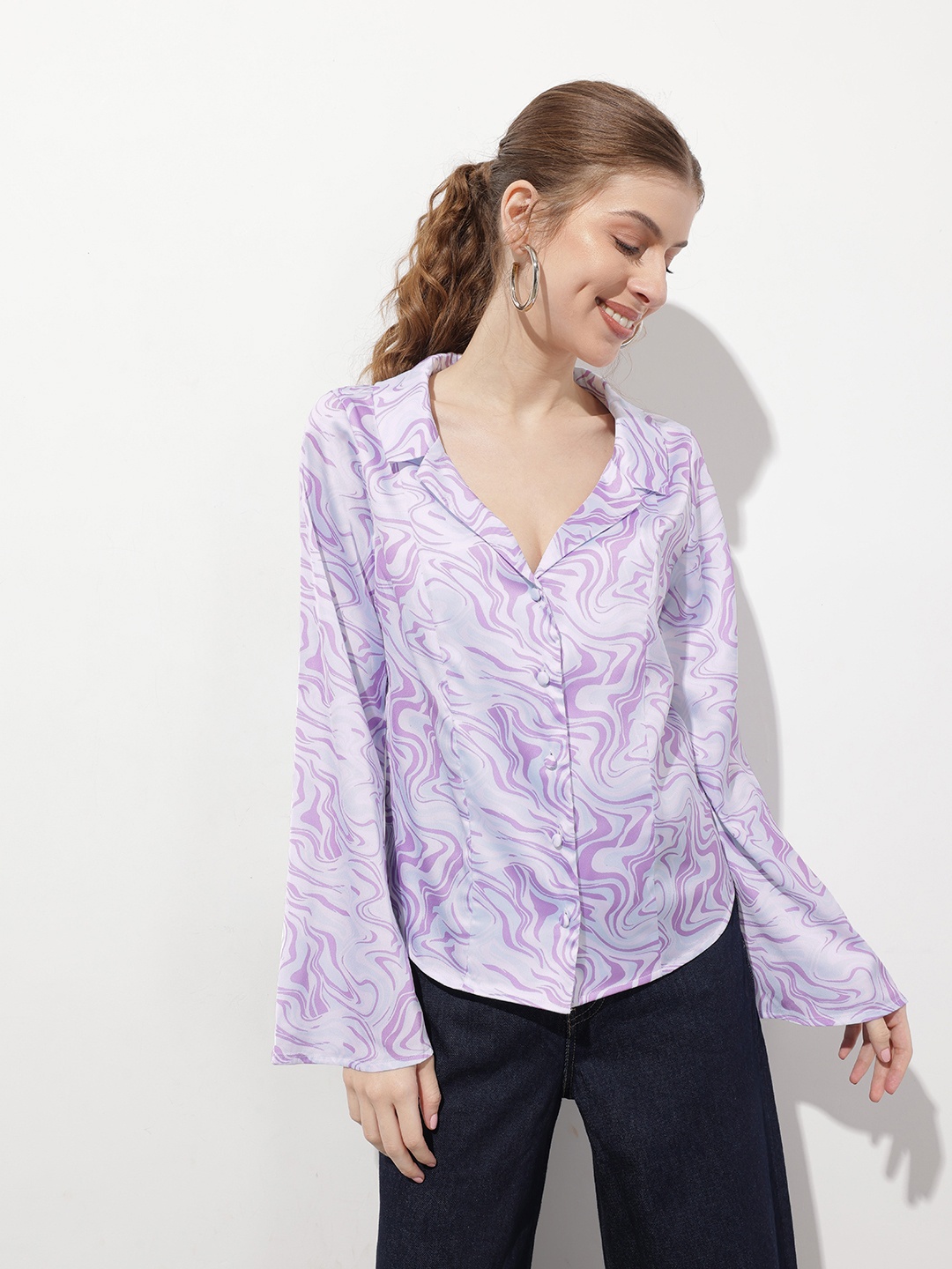 

DressBerry Artistically Chic Lapel Collar Marble Print Shirt, White