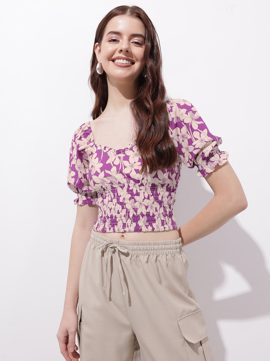 

DressBerry Smocking with a Chance of Floral Crop Top, Purple