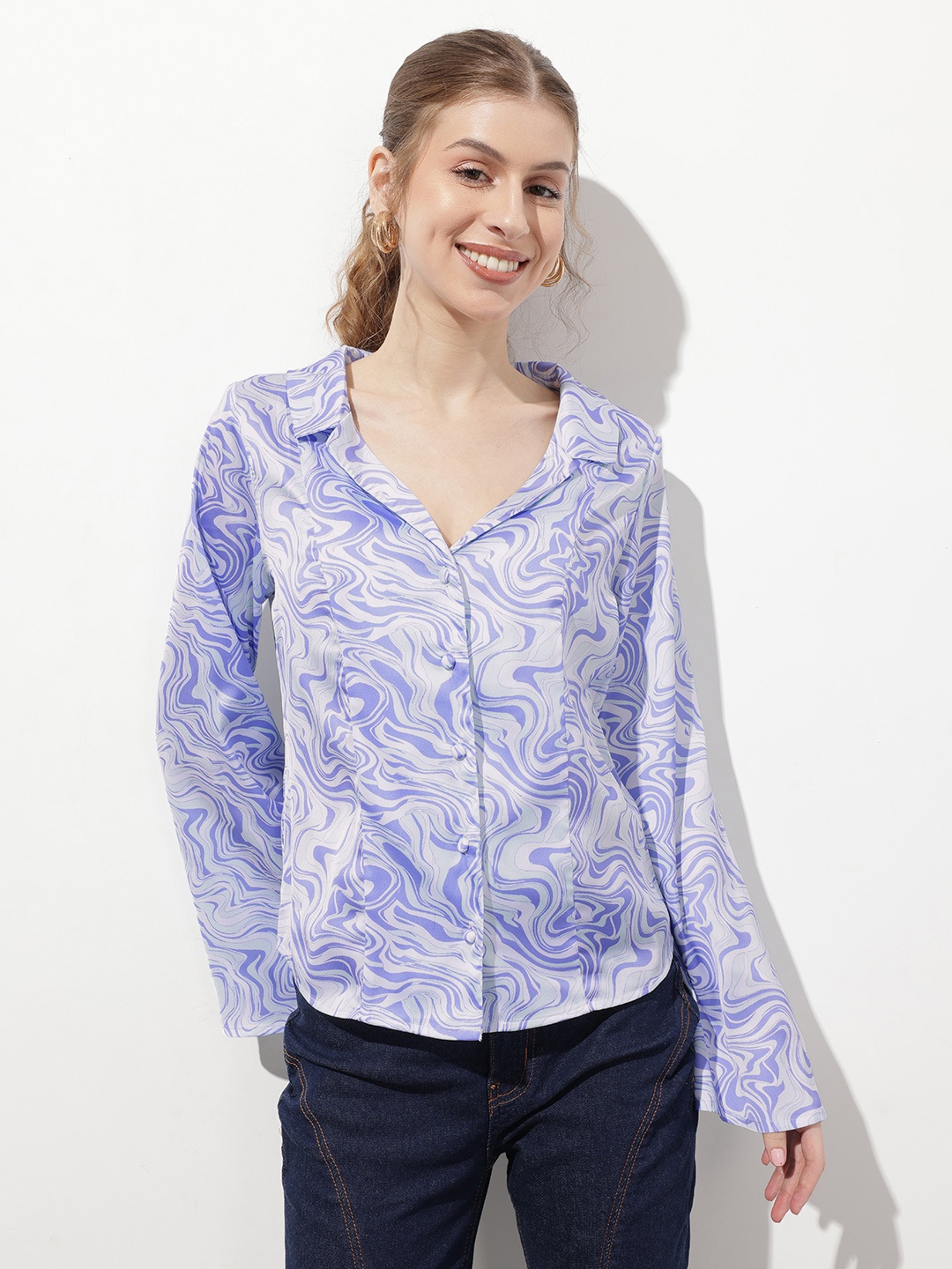 

DressBerry Edgy Instinct Lapel Collar Marble Print Shirt, Blue