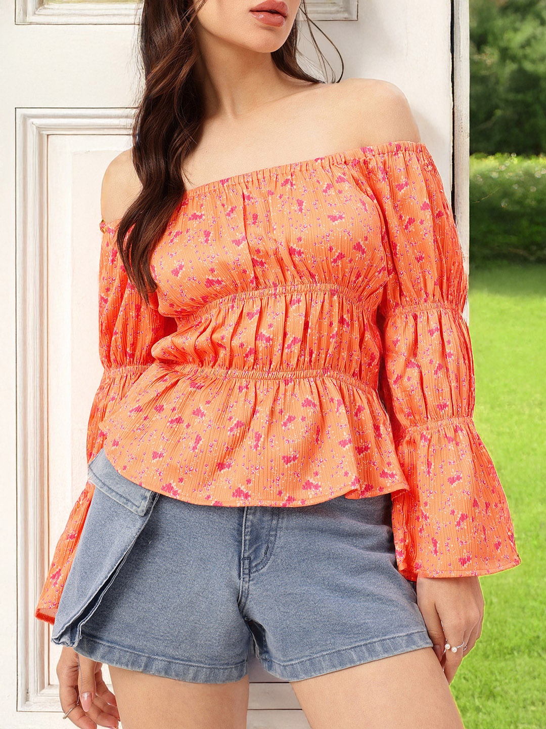 

DressBerry Floral Finesse Cinched Waist Top, Orange