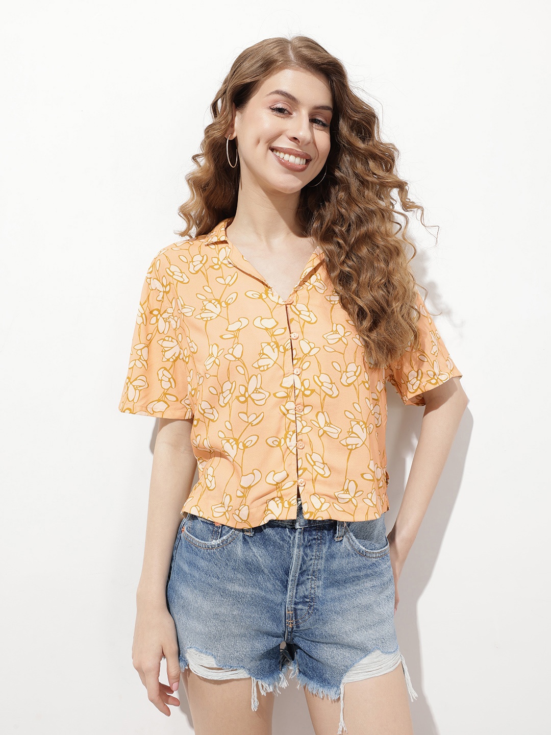 

DressBerry Flower Power Boxy Crop Shirt, Peach