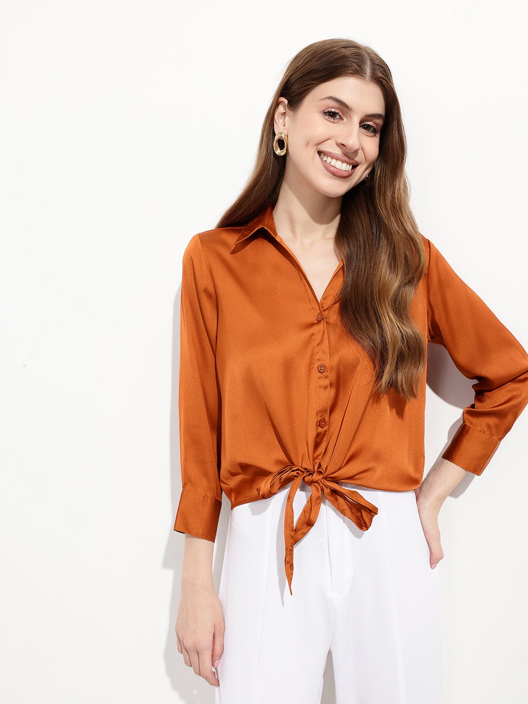 

DressBerry Rustic Reverie Tie & Thrive Satin Shirt, Rust