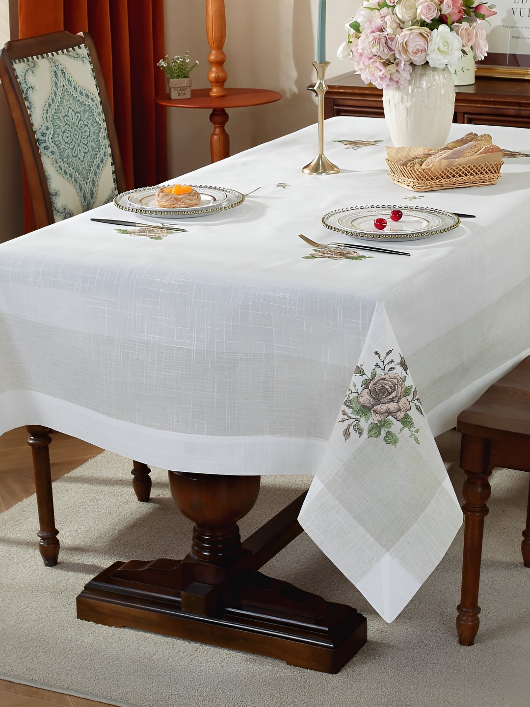 

MONKDECOR Brown & White Floral Embroidered Linen Table Cover