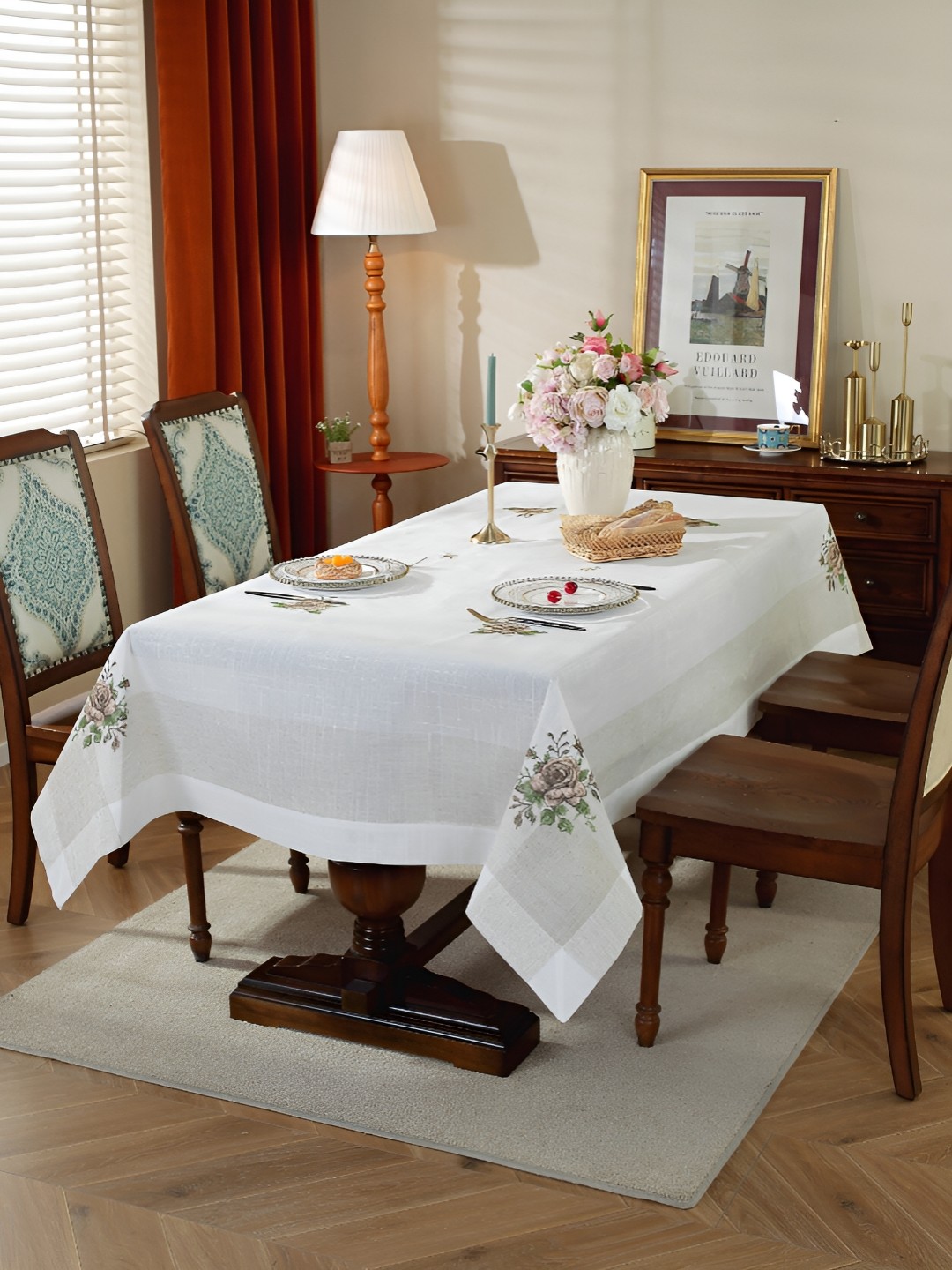 

MONKDECOR Brown & White Floral Embroidered Linen Table Cover