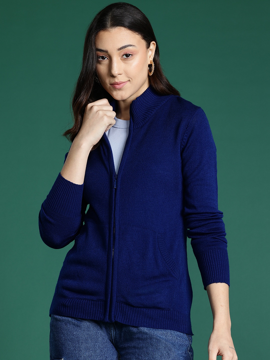

DressBerry Mock Collar Zip Cardigan, Navy blue