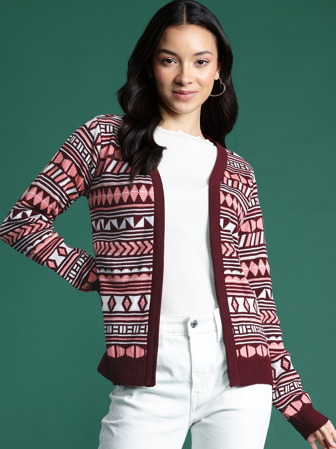 

DressBerry Self Designed Front Open Sweater, Burgundy