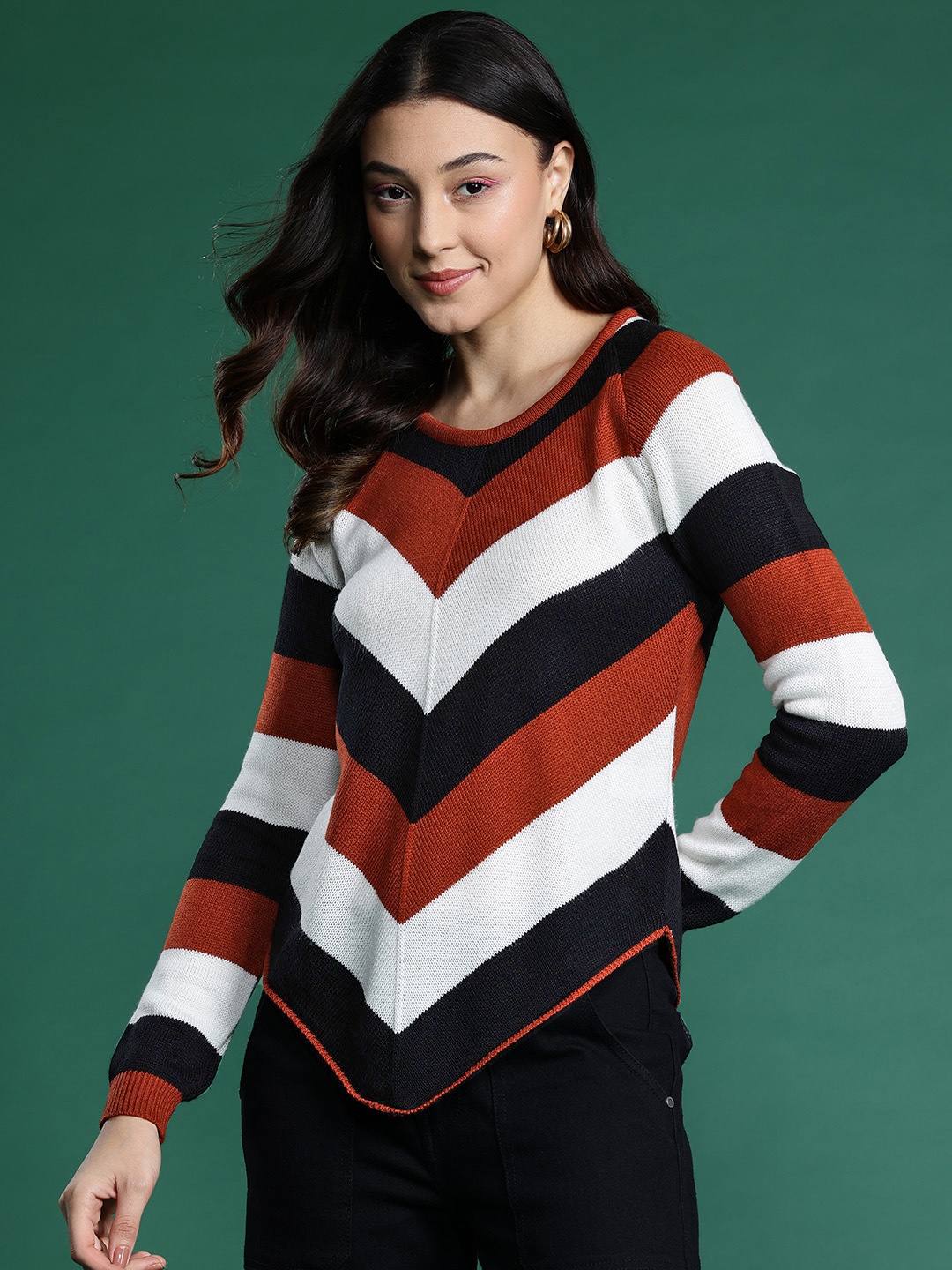

DressBerry Acrylic Striped Knitted Pullover, Rust