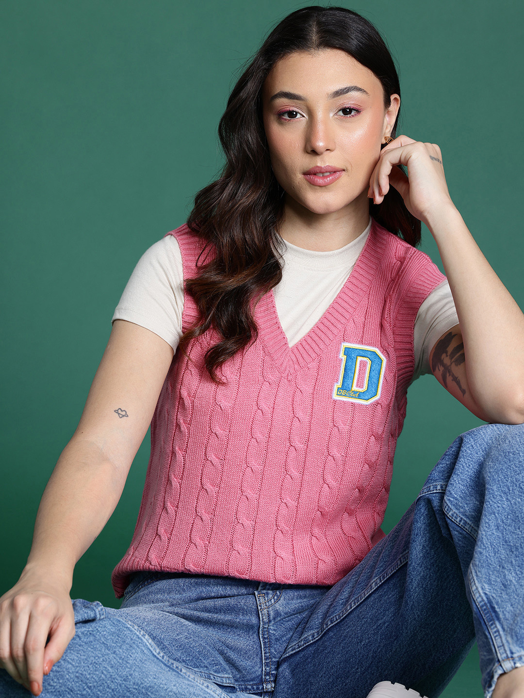 

DressBerry Pure Acrylic Cable Knit Applique Sweater Vest, Pink