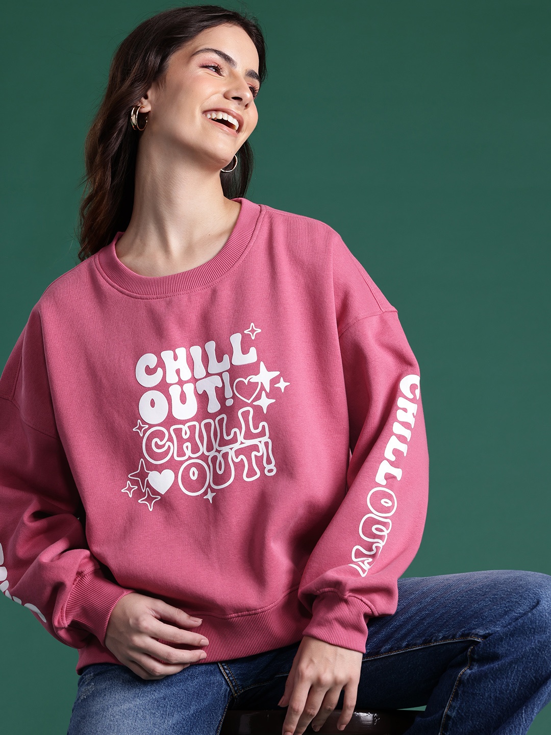 

DressBerry Printed Drop-shoulder Sleeves Sweatshirt, Pink