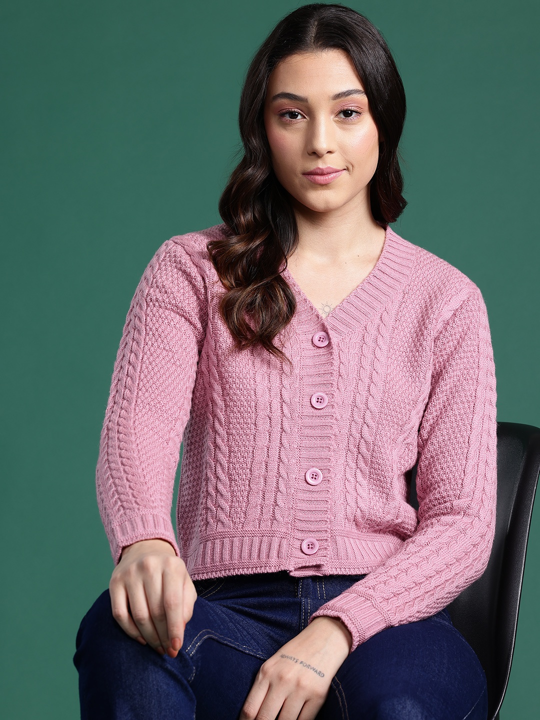 

DressBerry Pure Acrylic Cable Knit Cardigan, Pink