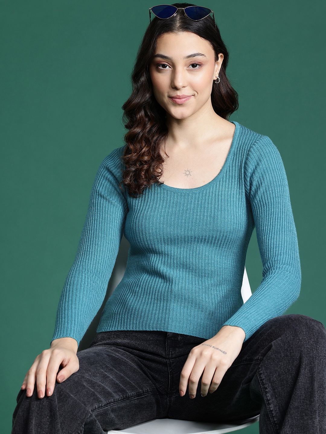 

DressBerry Ribbed Scoop Neck Pullover, Green