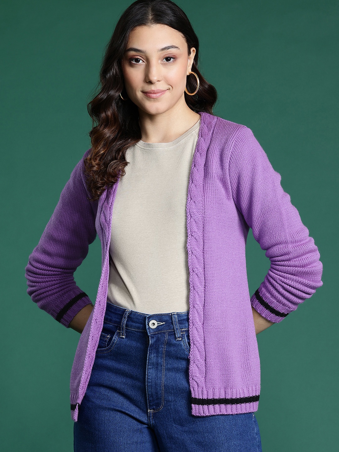 

DressBerry Open Front Cable Knit Sweater, Purple