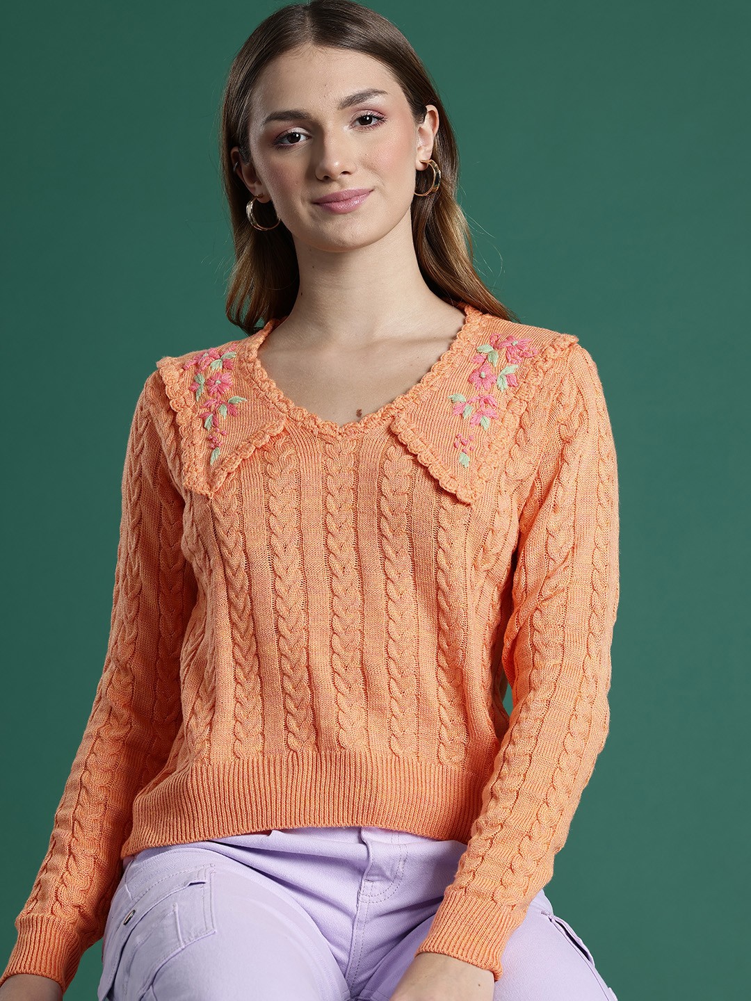 

DressBerry Cable Knit Embroidered Sweater, Orange