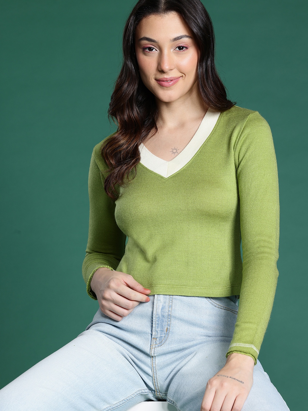 

DressBerry Pure Acrylic Crop Pullover, Green