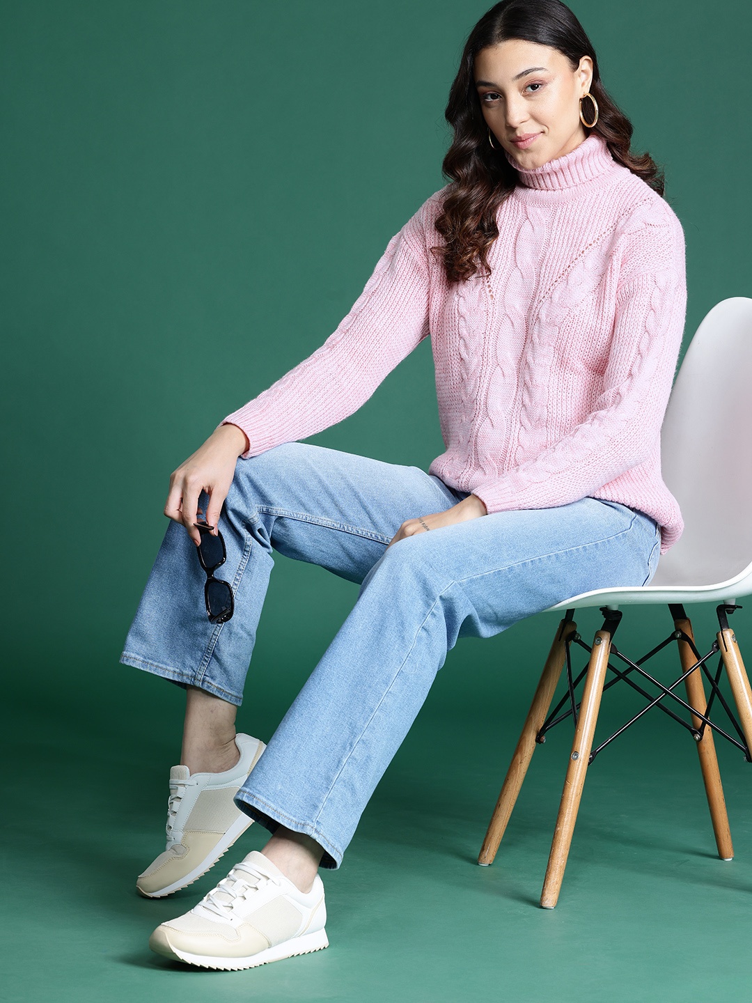 

DressBerry Turtle Neck Cable Knit Pullover, Pink