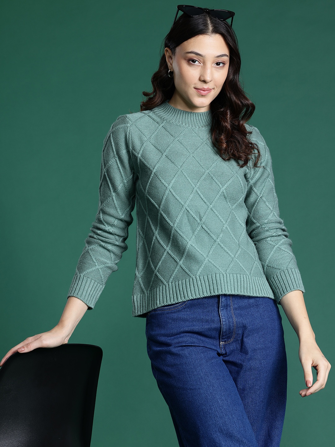 

DressBerry Self-Designed Checked Pullover, Green