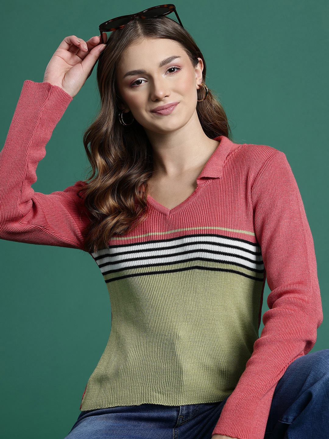 

DressBerry Collar Neck Striped Pullover Sweaters, Peach