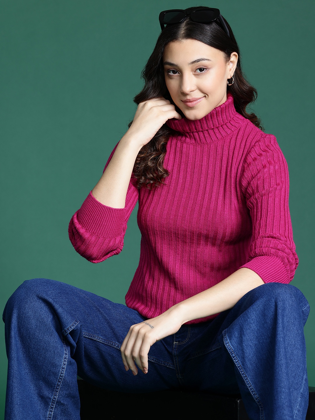 

DressBerry High Neck Self-Striped Pullover, Pink