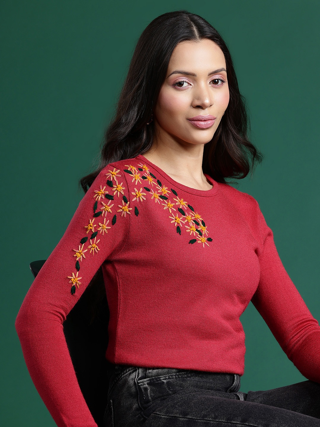

DressBerry Embroidered Floral Acrylic Pullover, Red