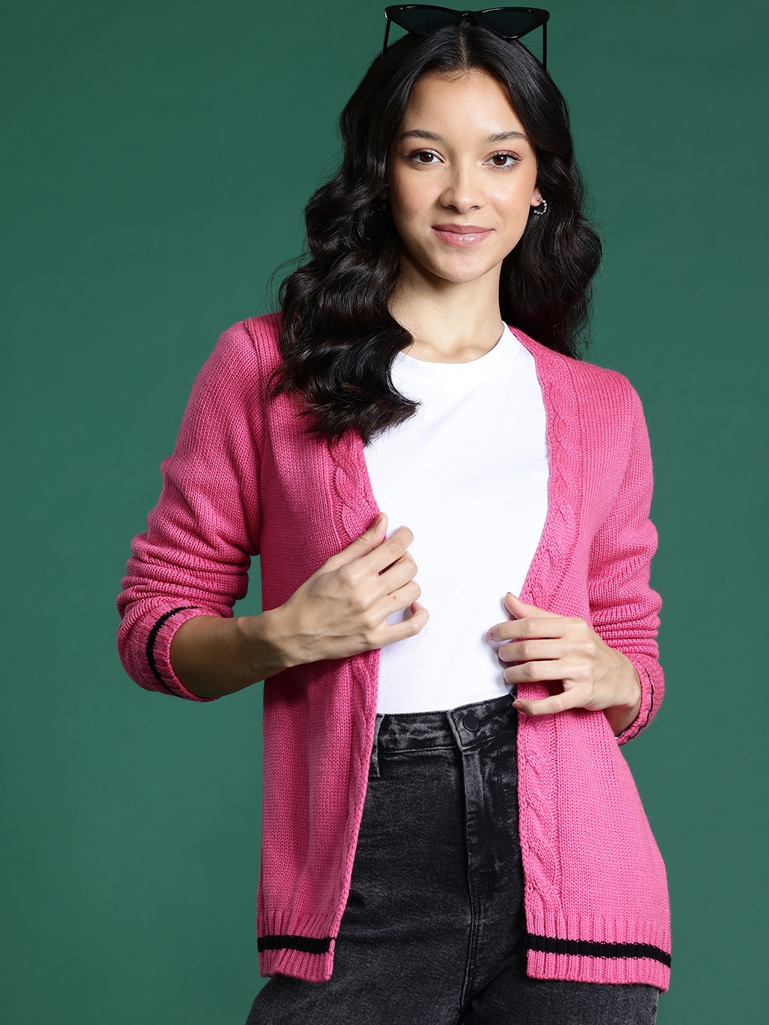 

DressBerry Cable Knit Longline Cardigan, Pink