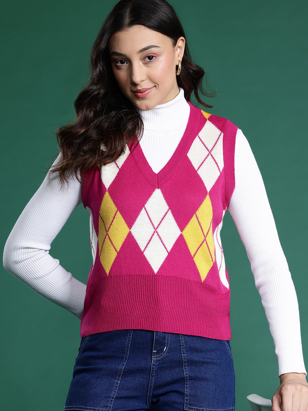 

DressBerry Acrylic Argyle Sweater Vest, Fuchsia