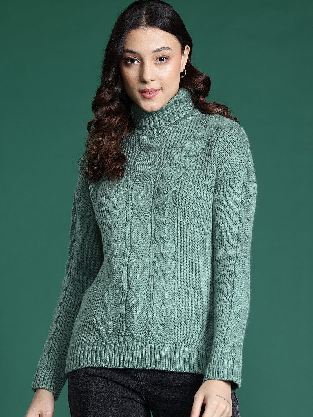 

DressBerry Cable Knit Turtle Neck Acrylic Pullover, Green