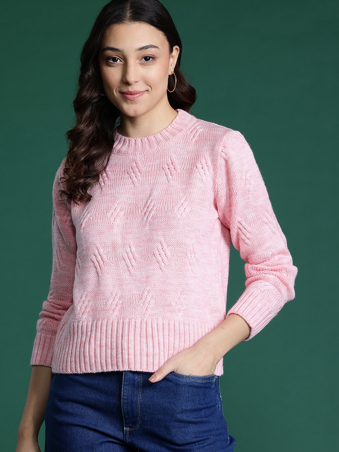 

DressBerry Speckled Detail Woven Design Pullover, Pink