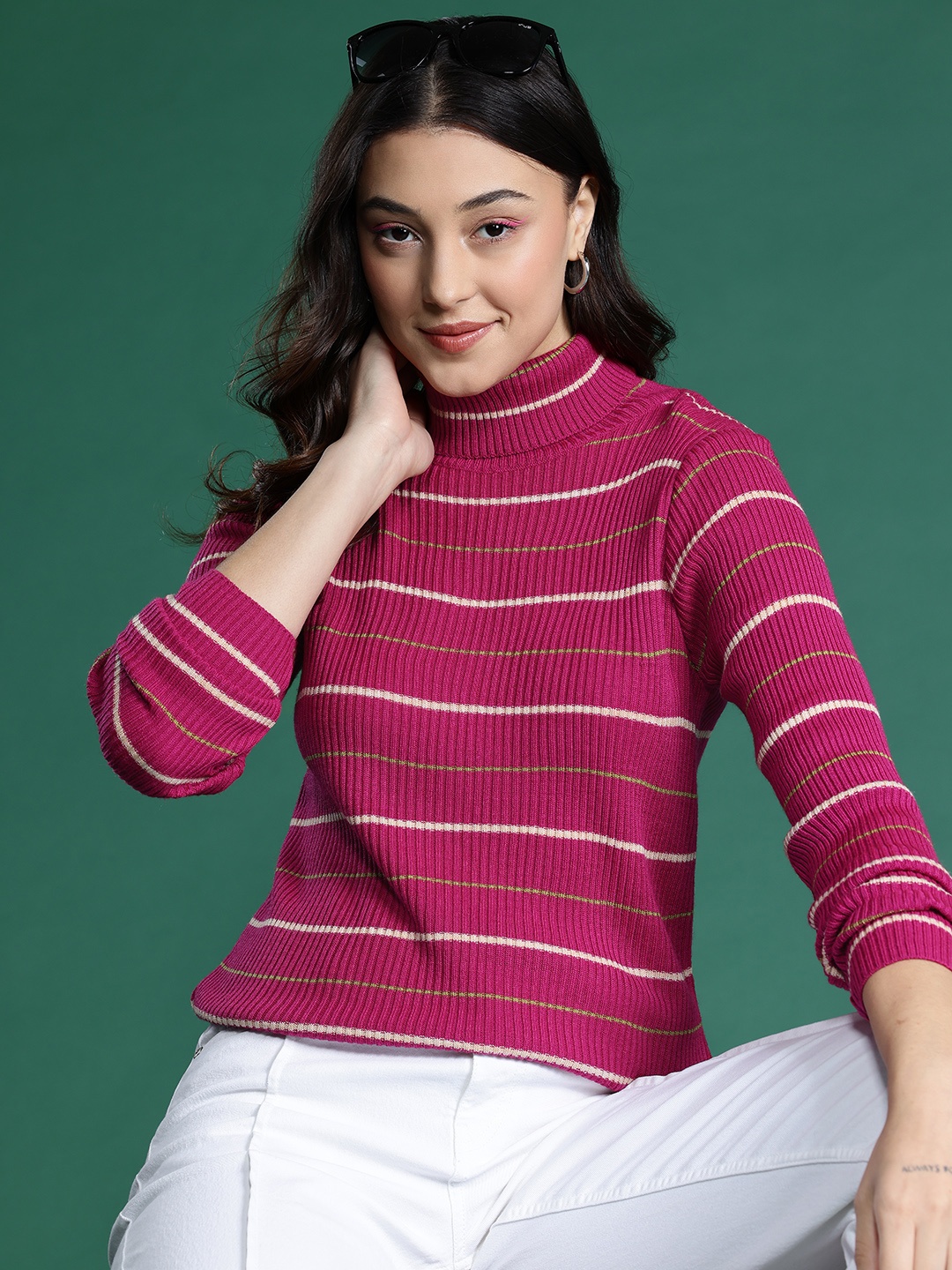 

DressBerry Turtle Neck Striped Pullover, Red