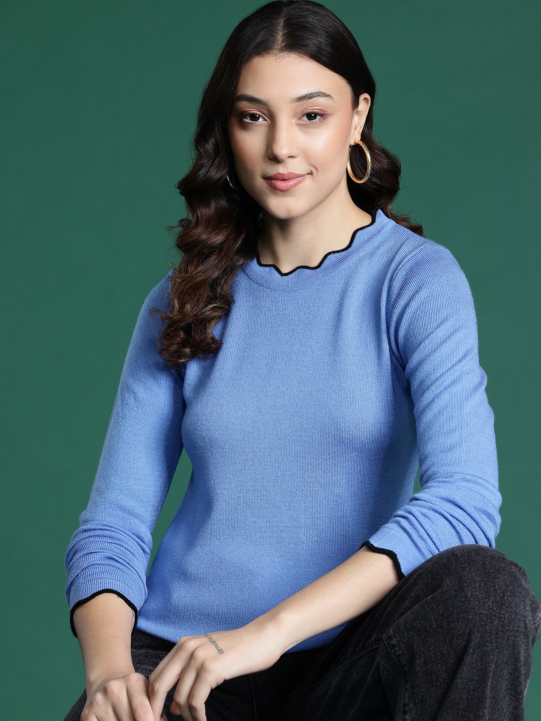 

DressBerry Knitted Scalloped Detail Acrylic Pullover, Blue