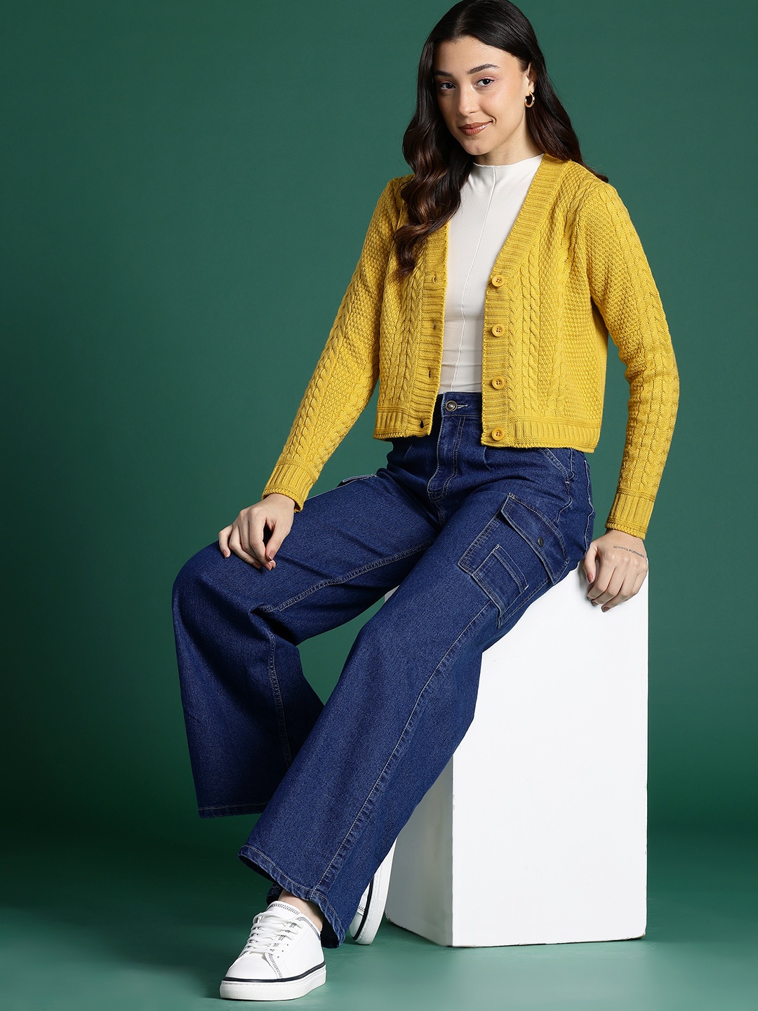 

DressBerry Cable Knitted Acrylic Cardigan, Yellow