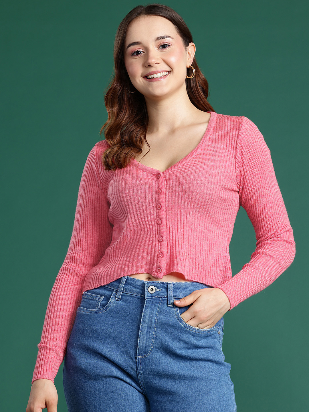 

DressBerry V-Neck Ribbed Cardigan, Pink
