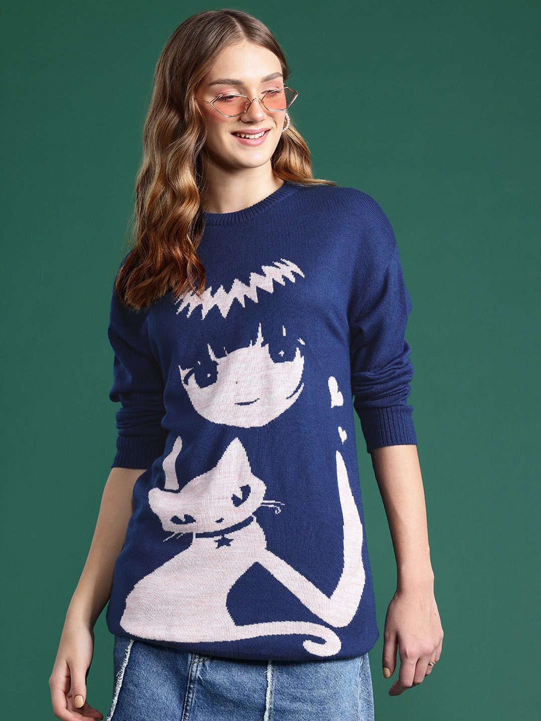 

DressBerry Graphic Longline Pullover, Navy blue