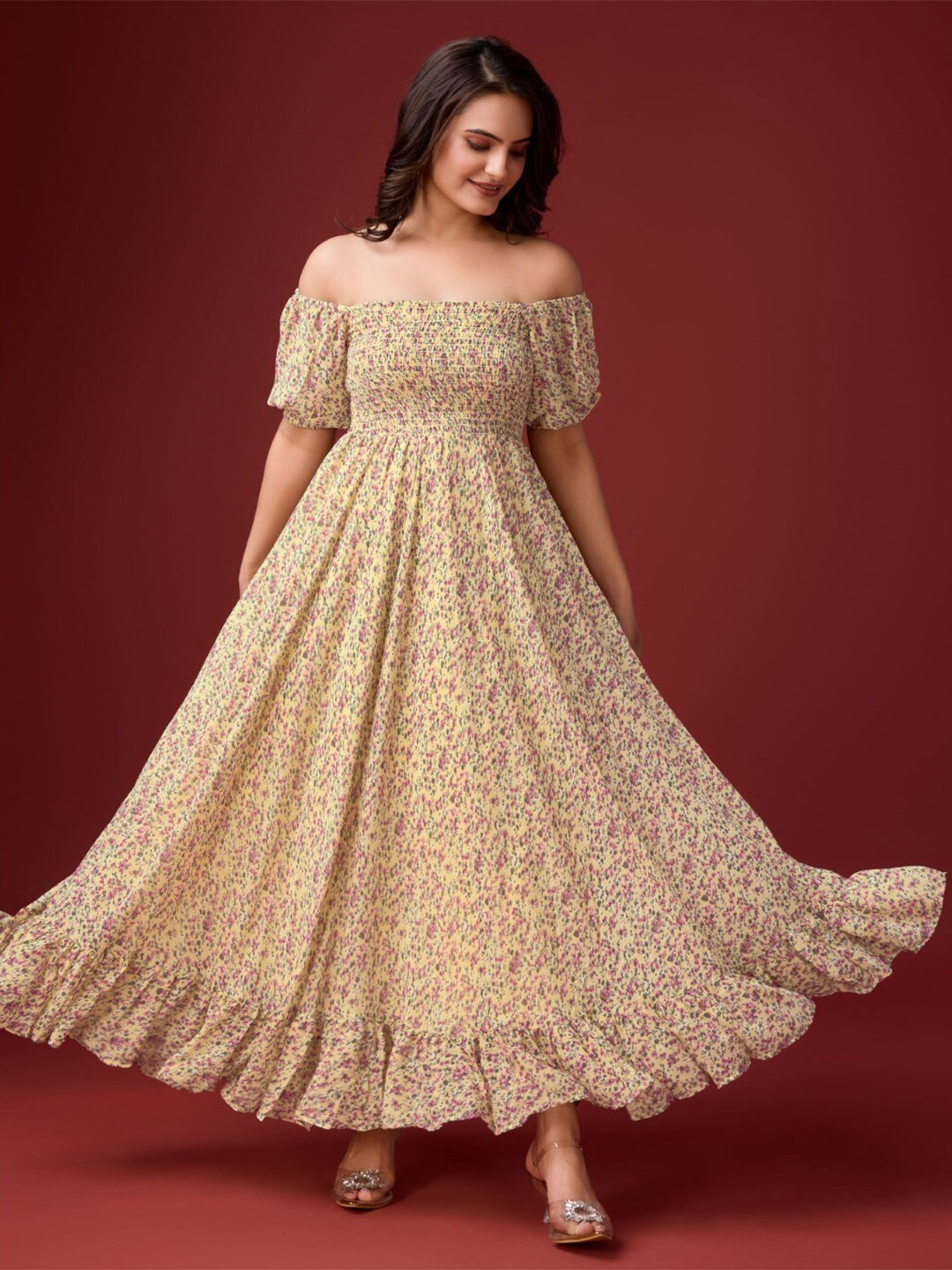 

HOUSE OF MIRA Floral Print Off-Shoulder Scuba Maxi Dress, Brown