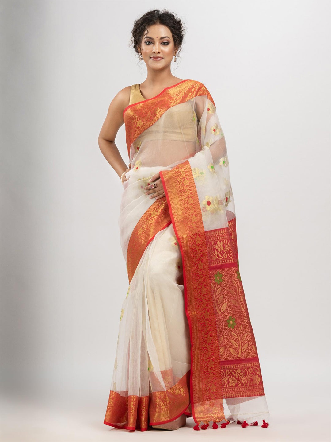

Angoshobha Ethnic Motifs Woven Design Art Silk Saree, White