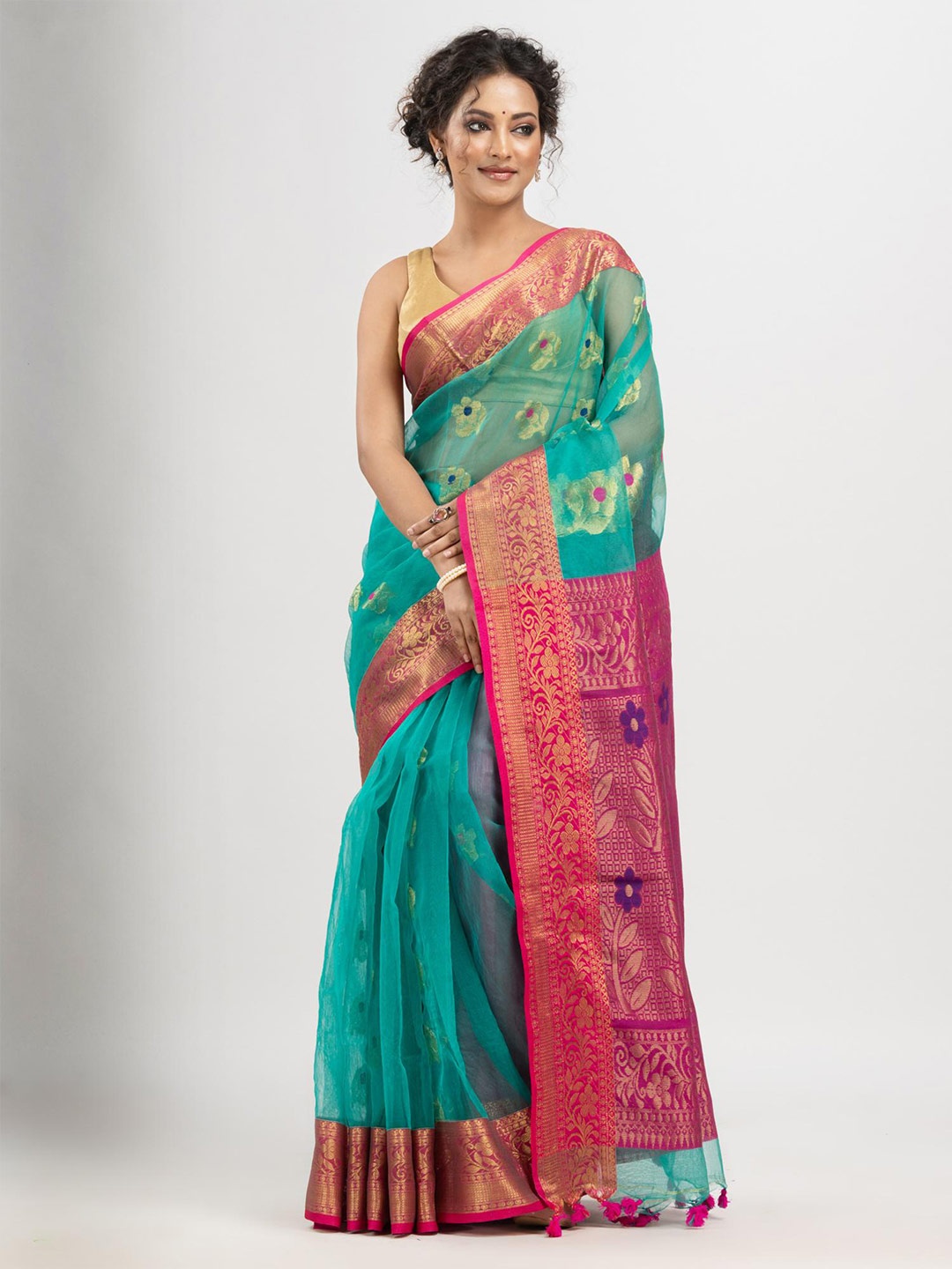 

Angoshobha Floral Woven Design Zari Saree, Turquoise blue