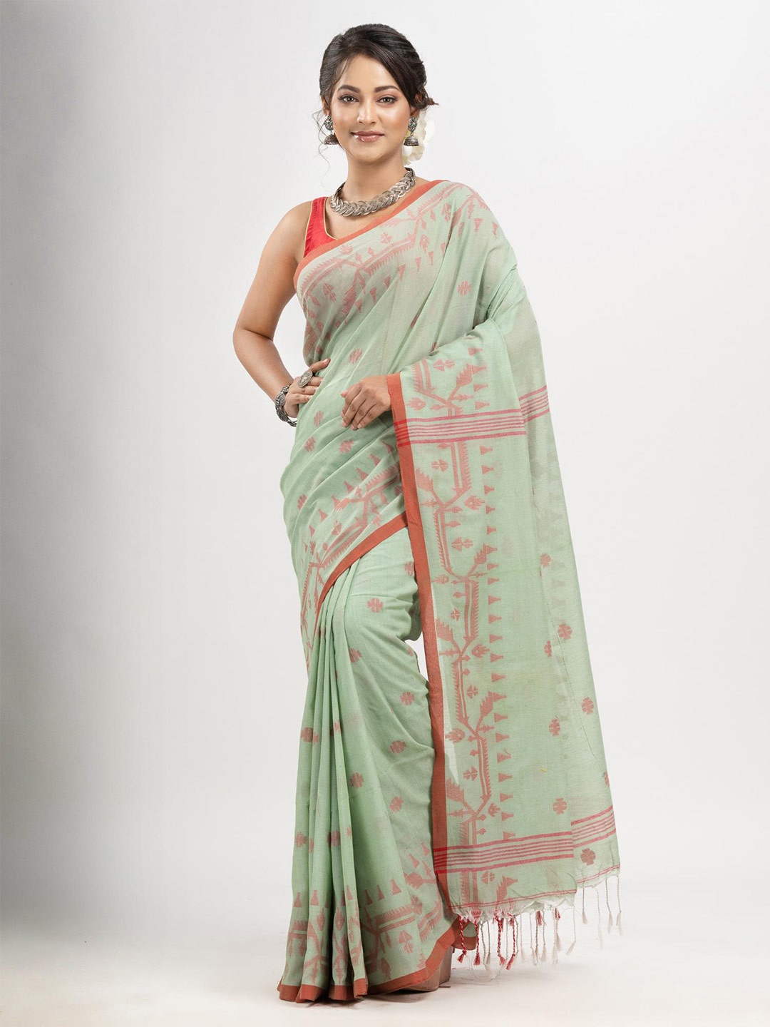 

Angoshobha Ethnic Motifs Woven Design Pure Cotton Jamdani Saree, Green